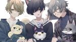  3boys :&lt; animal animal_ears bangs binta_(doubutsu_no_mori) black_eyes black_hair black_jacket black_shirt book brown_eyes cat cat_ears checkered_jacket collarbone commentary_request doubutsu_no_mori extra_ears eyebrows_visible_through_hair fang fangs glasses highres holding holding_animal holding_book jacket jun_(doubutsu_no_mori) ksb_x4 long_sleeves looking_at_viewer male_focus multiple_boys one_eye_closed open_clothes open_jacket open_mouth personification shirt short_hair siberia_(doubutsu_no_mori) signature simple_background sleeves_past_wrists slit_pupils squirrel squirrel_ears squirrel_tail sweater tail twitter_username upper_body white_background white_sweater wolf wolf_boy wolf_ears yellow_eyes yellow_sclera 