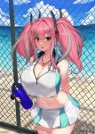  1girl absurdres azur_lane bangs bare_shoulders beach blue_sky bottle breasts bremerton_(azur_lane) bremerton_(scorching-hot_training)_(azur_lane) chain-link_fence cleavage cloud cowboy_shot crop_top crop_top_overhang english_commentary fence hair_between_eyes hair_ornament headgear heart heart_necklace highres holding holding_bottle large_breasts long_hair midriff mole mole_under_eye morung234 multicolored_hair navel ocean open_mouth pink_hair pleated_skirt shirt shore sidelocks skirt sky sleeveless sleeveless_shirt solo sportswear standing stomach streaked_hair sweat tennis_uniform thighhighs toned twintails two-tone_shirt two-tone_skirt water water_bottle waves x_hair_ornament 