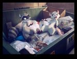  2019 anthro black_body black_border black_fur border didelphid dumpster duo featureless_crotch female fur grey_body grey_fur hi_res light lighting looking_at_another mammal marsupial nude open_mouth open_smile photo_background pointedfox procyonid raccoon smile trash white_body white_fur 