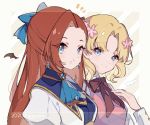  2girls :t ascot bangs blonde_hair blue_eyes blue_neckwear blue_ribbon brown_hair captain_yue earrings eating eyebrows_visible_through_hair eyes_visible_through_hair flower hair_flower hair_ornament hair_ribbon hand_up jewelry katarina_claes long_hair long_sleeves looking_at_viewer maria_campbell multiple_girls otome_game_no_hametsu_flag_shika_nai_akuyaku_reijou_ni_tensei_shite_shimatta puffy_sleeves ribbon short_hair simple_background smile swept_bangs upper_body wavy_hair 