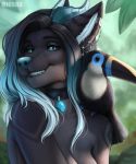  2020 anthro avian beak bird black_beak black_body black_fur black_hair blue_eyes blue_hair blurred_background breasts canid canine day detailed_background digital_media_(artwork) eyebrows eyelashes female fur gradient_hair hair hybrid jewelry mammal miosha necklace nude outside toucan uo 