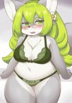  animal_ears blush bra breasts commentary_request cowboy_shot eigetsu fang flower fox fox_ears fox_girl fox_tail fullbokko_heroes furry glasses green_bra green_eyes green_hair green_panties grey_fur hair_flower hair_ornament large_breasts long_hair looking_to_the_side navel oota_sukemoto_(fullbokko_heroes) open_mouth panties plump simple_background sitting tail two-tone_fur underwear white_fur 