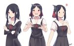  &gt;:( 1girl absurdres bangs black_dress black_hair blush breasts closed_mouth collarbone collared_dress commentary dress empty_eyes eyebrows_visible_through_hair folded_ponytail hair_ribbon highres kaguya-sama_wa_kokurasetai_~tensai-tachi_no_renai_zunousen~ light_frown long_hair long_sleeves multiple_views neck_ribbon open_mouth parted_bangs red_ribbon ribbon shinomiya_kaguya shirt short_sleeves sidelocks signature simple_background sleeveless sleeveless_dress small_breasts smile solid_oval_eyes tegar32 v-shaped_eyebrows very_long_hair white_background white_shirt 