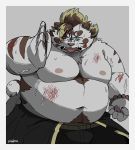  2020 belly blood blue_eyes bodily_fluids bottomwear bulge clothing felid fur hi_res humanoid_hands kemono licho_(tas) male mammal moobs navel nipples overweight overweight_male pantherine pants scar simple_background solo solo_focus sweat tiger tokyo_afterschool_summoners tongue tongue_out uokkom video_games white_body white_fur 