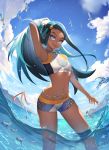  1girl absurdres armlet bare_shoulders belly_chain black_hair blue_eyes blue_eyeshadow blue_sky breasts dark_skin earrings eyeliner eyeshadow gym_leader hamada_pochiwo highres hoop_earrings jewelry long_hair looking_at_viewer makeup multicolored_hair navel ocean open_mouth pokemon pokemon_(game) pokemon_swsh rurina_(pokemon) sky small_breasts sportswear swimsuit tankini thighs two-tone_hair wading water 