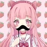  +_+ 1girl bangs blush bow commentary_request covered_mouth eyebrows_visible_through_hair facial_mark fake_facial_hair fake_mustache food fruit hairband holding long_hair long_sleeves looking_at_viewer original pink_background pink_hair purple_eyes red_bow red_hairband sailor_collar satori_(ymoy) shirt solo strawberry upper_body white_sailor_collar white_shirt 
