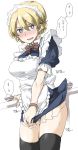  1girl alternate_costume black_legwear blonde_hair blue_eyes blush breasts commentary_request darjeeling_(girls_und_panzer) elf_(stroll_in_the_woods) enmaided girls_und_panzer graphite_(medium) hair_between_eyes highres large_breasts looking_at_viewer maid maid_headdress medium_breasts open_mouth puffy_short_sleeves puffy_sleeves short_hair short_sleeves simple_background skirt solo speech_bubble sweat thighhighs traditional_media translation_request white_background 