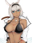  1girl animal_ears bikini black_hairband blue_eyes body_markings breasts caenis_(fate) cleavage closed_mouth commentary_request dark_skin dog_ears dog_tags eyebrows_visible_through_hair fate/grand_order fate_(series) hair_intakes hairband hand_on_hip highleg highleg_bikini highleg_bikini_bottom highres honeymelon large_breasts studded_jacket swimsuit tattoo white_background white_hair 