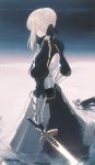  1girl armor armored_dress artoria_pendragon_(all) blonde_hair blue_ribbon braid breastplate excalibur fate/stay_night fate_(series) french_braid gauntlets juliet_sleeves long_sleeves looking_away puffy_sleeves ribbon saber solo wading wanke 