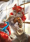  absurd_res anthro blue_eyes bowed_string_instrument bra canid canine canis clothed clothing curtains darkflamewolf ear_piercing female fur hair heterochromia hi_res industrial_piercing inner_ear_fluff littlebadwolf mammal musical_instrument open_shirt piercing red_body red_fur red_hair shirt solo string_instrument tail_maw tail_mouth taylor_renee_wolford_(darkflamewolf) teeth teeth_showing tongue tongue_out topwear tuft underwear violin window wolf yellow_eyes 