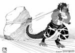  2020 absurd_res anthro belly_scales biceps black_gloves bodily_fluids bottomwear breasts claws clothing female gloves handwear hi_res holding_rope monochrome murazaki rope scales scalie sharp_claws solo sweat toe_claws topwear 