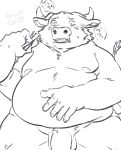  2020 absurd_res anthro balls belly bovid bovine cattle genitals hi_res humanoid_genitalia humanoid_hands humanoid_penis japanese_text kemono male mammal moobs nipples overweight overweight_male penis simple_background solo_focus text tiri_mama white_background 