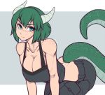  1girl all_fours black_pants breasts cargo_pants cleavage collarbone crop_top dragon_girl eyebrows_visible_through_hair green_eyes green_hair highres horns large_breasts looking_at_viewer original pants rd_rn00 short_hair simple_background solo tagme tail 