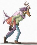  2020 anthro antlers beastars blush bottomwear brown_body brown_fur canid canine canis carrying cervid clothed clothing duo fully_clothed fur horn juno_(beastars) ktandoku louis_(beastars) mammal piggyback simple_background skirt tailwag walking white_background wolf 