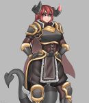  1girl absurdres armor black_sclera breastplate buckle closed_mouth eyebrows_visible_through_hair gloves greaves hair_between_eyes hand_on_hip highres horns leg_armor long_hair looking_at_viewer original pauldrons purple_eyes rd_rn00 red_hair simple_background solo standing strap tagme tail white_background 