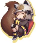  1girl animal_ears_helmet arknights brown_hair chibi commentary_request fire_helmet fire_jacket firefighter highres knee_pads large_tail okitanation oxygen_tank shaw_(arknights) short_hair shorts sleeping solo squirrel_girl squirrel_tail tail white_background 
