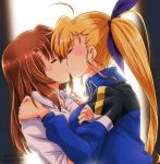  2girls age_difference blonde_hair blush breasts brown_hair closed_eyes collared_shirt couple hand_on_another&#039;s_shoulder highres jacket kiss large_breasts long_hair lyrical_nanoha mahou_shoujo_lyrical_nanoha mahou_shoujo_lyrical_nanoha_vivid military military_uniform multiple_girls older san-pon shirt side_ponytail simple_background sweat track_jacket track_suit uniform vivid_strike! vivio yagami_hayate yuri 