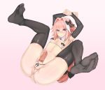  1boy anus ass astolfo_(fate) bangs bare_shoulders bikini black_bikini black_bow black_legwear blush bow braid condom crossdressing detached_sleeves erection fate/apocrypha fate_(series) hair_between_eyes hair_bow hair_intakes highres husun_wei long_braid long_hair looking_at_viewer m_legs male_focus micro_bikini multicolored_hair navel open_mouth otoko_no_ko penis pink_background pink_hair purple_eyes simple_background single_braid skindentation solo spread_legs streaked_hair swimsuit testicles thighhighs very_long_hair white_hair 