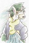  2020 anthro beastars bottomwear canid canine canis clothed clothing duo eyes_closed fully_clothed fur haru_(beastars) ktandoku lagomorph legoshi_(beastars) leporid mammal rabbit simple_background skirt white_body white_fur wolf 