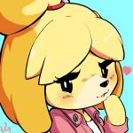  &lt;3 1:1 absurd_res accessory animal_crossing anthro clothing female hair_accessory hand_on_chin hi_res isabelle_(animal_crossing) jacket looking_at_viewer nintendo open_jacket shirt simple_background solo topwear video_games yamayamazui 