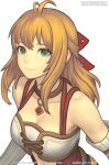  1girl blonde_hair breasts cleavage detached_sleeves fiorun from_above green_eyes long_hair looking_at_viewer marfrey medium_breasts simple_background smile solo upper_body white_background xenoblade_(series) xenoblade_1 