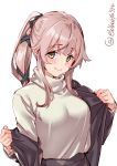  1girl blush breasts ebifurya green_eyes hair_flaps hair_ribbon highres jacket kantai_collection large_breasts long_hair looking_at_viewer pink_hair ponytail removing_coat ribbon simple_background smile sweater upper_body very_long_hair white_background white_sweater yellow_eyes yura_(kantai_collection) 