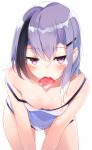  1girl bare_shoulders blush breasts condom condom_in_mouth eyebrows_visible_through_hair hair_between_eyes hair_ornament hairclip highres leaning_forward looking_at_viewer mouth_hold original otokuyou purple_eyes purple_hair simple_background smile solo strap_slip white_background 