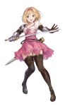  1girl :d bangs blonde_hair boots breasts brown_footwear brown_gloves cleavage collarbone corset djeeta_(granblue_fantasy) frilled_skirt frills full_body gauntlets gloves granblue_fantasy hair_intakes hairband highres holding holding_sword holding_weapon looking_at_viewer medium_hair miniskirt open_mouth orangekun panties pantyshot_(standing) pink_hairband pink_panties pink_skirt scabbard sheath shoulder_armor skirt small_breasts smile solo sword thigh_boots thighhighs transparent_background underwear weapon yellow_eyes 
