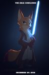  2019 absurd_res anthro brown_eyes canid canine clothed clothing english_text fox fully_clothed fur hi_res holding_object holding_weapon jedi lightsaber mammal melee_weapon pointedfox simple_background solo standing star_wars text weapon 