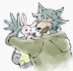  2020 anthro bag beastars black_nose blush bodily_fluids canid canine canis clothed clothing duo fully_clothed fur grey_body grey_fur haru_(beastars) ktandoku lagomorph legoshi_(beastars) leporid mammal open_mouth open_smile rabbit simple_background smile sweat sweatdrop teeth white_background white_body white_fur wolf 