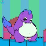  1:1 anthro balls belly blueblu chub_(disambiguation) dininho dininho_adventures dinosaur genitals looking_at_belly looking_down male obese overweight penis reptile scalie simple_background solo thick_tail white_pupils 