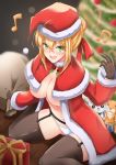  1girl :d black_gloves black_legwear blonde_hair blush box breasts capelet christmas christmas_tree fate/extra fate_(series) garter_straps gift gift_box gloves green_eyes hand_up hat highres isane large_breasts musical_note navel nero_claudius_(fate) nero_claudius_(fate)_(all) open_mouth panties red_headwear santa_hat short_hair sitting smile solo stuffed_animal stuffed_toy thighhighs underboob underwear white_panties 