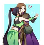  1boy 1girl :o ?? beifunan black_eyes blue_background blush border brown_hair closed_eyes dancing dragon_quest dragon_quest_xi embarrassed fingerless_gloves gloves hand_on_another&#039;s_back hero_(dq11) highres long_hair martina_(dq11) midriff pouch purple_hair sweatdrop very_long_hair waist_cape wavy_mouth white_border 