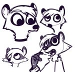  2020 ambiguous_gender anthro bangs cheek_tuft clothed clothing facial_markings facial_tuft fangs fuel_(artist) gloves_(marking) head_markings hi_res mammal markings mask_(marking) monochrome neck_tuft open_mouth procyonid purple_theme raccoon sharp_teeth simple_background sketch sketch_page solo teeth tuft white_background 
