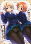  2girls absurdres aqua_eyes artist_name bangs bed_sheet black_legwear black_neckwear blonde_hair blue_eyes blue_skirt blue_sweater breasts closed_mouth collared_shirt copyright_name cover cover_page covered_nipples darjeeling_(girls_und_panzer) doujin_cover eyebrows_visible_through_hair girls_und_panzer hair_between_eyes hair_intakes highres kamogawa_tanuki large_breasts lifted_by_self long_sleeves looking_at_viewer lying miniskirt multiple_girls necktie on_back on_stomach open_mouth orange_hair orange_pekoe_(girls_und_panzer) panties panties_under_pantyhose pantyhose pleated_skirt school_uniform shiny shiny_hair shiny_legwear shirt short_hair skirt skirt_lift smile st._gloriana&#039;s_school_uniform sweater thighband_pantyhose underwear white_shirt wing_collar 