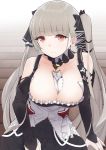  1girl absurdres azur_lane bangs bare_shoulders between_breasts black_dress black_gloves black_nails breasts bridal_gauntlets cleavage dress elbow_gloves eyebrows_visible_through_hair flight_deck formidable_(azur_lane) frilled_dress frills gloves grey_hair highres large_breasts long_hair long_sleeves looking_at_viewer red_eyes seijun_(seijun01) sitting smile solo twintails two-tone_dress two-tone_ribbon very_long_hair white_dress 