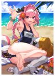  absurdres astolfo_(fate) bangs bare_shoulders beach black_bow blue_swimsuit blush bow bracelet braid citron_82 fang fate/apocrypha fate_(series) hair_intakes highres jewelry long_braid long_hair looking_at_viewer multicolored_hair name_tag ocean one-piece_swimsuit open_mouth otoko_no_ko pink_hair purple_eyes single_braid skin_fang smile solo streaked_hair swimsuit thighs white_hair 