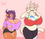  amputee anthro antlers ball beach_ball belly big_breasts blush breasts capri cat_tail cervid cervine clothed clothing commission_art curvy_figure digital_media_(artwork) disability domestic_cat doxxyl duo fangs felid feline felis female fur hair hi_res horn huge_breasts hyper hyper_breasts mammal nervous nervous_sweat pink_hair prosthetic purple_hair red_eyes scut_tail slightly_chubby solo teasing thick_thighs topwear umbris_(character) 