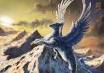  cloud cloudscape darkflamewolf dragon feathered_dragon feathers female feral flying fur furred_dragon hi_res llydia_the_fluff_dragon_(darkflamewolf) mountain mountain_range sky snow solo spread_wings sunrise unknown_artist wings 