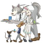  2020 anthro beastars bottomwear brown_body brown_eyes brown_fur canid canine canis cheek_tuft clothed clothing facial_tuft food footwear fully_clothed fur grey_body grey_fur group haru_(beastars) holding_food holding_object ktandoku legoshi_(beastars) mammal mouse murid murine necktie pants rodent shirt shoes simple_background teeth topwear tuft whiskers white_background white_body white_fur wolf 