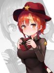  1girl bangs blush box eyebrows_visible_through_hair hat heart-shaped_box highres iron_annie last_origin looking_at_viewer red_hair sheriff_badge sizeaton solo valentine yellow_eyes zoom_layer 