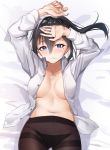  1girl arms_up ass_visible_through_thighs bed_sheet black_hair black_legwear black_panties blue_eyes blush breasts collarbone cowboy_shot dakimakura dress_shirt fingernails from_above frown hair_between_eyes hair_in_mouth hand_on_forehead lingerie lips looking_at_viewer lying medium_breasts mole mole_under_eye mouth_hold navel no_bra on_back open_clothes open_hand open_shirt original palms panties pantyhose pink_nails shirt solo tapioka_(oekakitapioka) thighband_pantyhose unbuttoned underwear 