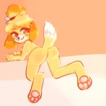 1:1 2020 animal_crossing anthro blush butt canid canine canis digital_drawing_(artwork) digital_media_(artwork) dipstick_tail domestic_dog female fluffy fluffy_tail fur hair happy isabelle_(animal_crossing) looking_back mammal multicolored_tail nintendo nude pawpads paws presenting presenting_hindquarters punchii shih_tzu simple_background smile solo toy_dog video_games 