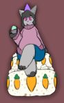  anthro birthday birthday_cake birthday_hat bottomwear cake carrot_cake clothed clothing cupcake digital_media_(artwork) food fur hair hat headgear headwear holding_food holding_object lagomorph leporid looking_at_viewer male mammal open_mouth rabbit shorts simple_background sitting slimecatt smile smirk solo solo_focus sweater topwear 