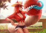  anthro banni_art belly bodily_fluids bottomwear breasts canid canine canis cleavage clothed clothing cowboy_hat cowgirl_outfit darkflamewolf drooling female fence hat headgear headwear hi_res hotpants leaning_on_object mammal navel ranch rancher reeds saliva shirt shorts solo tail_maw tail_mouth taylor_renee_wolford_(darkflamewolf) teeth teeth_showing tied_shirt tongue tongue_out topwear wolf 