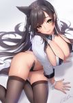  1girl animal_ears atago_(azur_lane) azur_lane bangs bikini black_legwear breasts brown_eyes brown_hair cleavage closed_mouth commentary_request fingernails high_heels highleg highleg_bikini large_breasts lips long_hair looking_at_viewer masami_chie navel race_queen signature simple_background sitting smile solo stomach swimsuit thighhighs thighs white_footwear wrist_cuffs 
