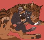  &lt;3 &lt;3_eyes 4_toes abdominal_bulge amber_eyes anatomically_correct anatomically_correct_genitalia anatomically_correct_penis atta_catto balls big_dom_small_sub black_body black_fur blue_eyes blush bodily_fluids brown_balls brown_body brown_fur brown_nose brown_pawpads claws collar countershading domestic_cat duo felid feline felis feral fur genitals grey_balls inner_ear_fluff licking looking_aside looking_up male male/male mammal one_eye_closed pawpads penile_spines penis pink_pawpads pink_penis purple_collar raised_leg red_background scourge_(warriors) simple_background size_difference striped_body striped_fur stripes tabby_cat tears teeth text tigerstar_(warriors) toes tongue tongue_out tuft whiskers white_paw 