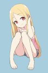  1girl barefoot blonde_hair blue_background bural_chingu camisole feet full_body hair_between_eyes highres lee_ji-min long_hair looking_at_viewer red_eyes short_shorts shorts sitting sizeaton smile solo 