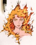  1girl artist_name clivenzu closed_mouth commentary english_commentary fiery_hair graphite_(medium) highres looking_at_viewer mechanical_pencil mixed_media nude orange_eyes orange_hair original pencil photo red_hair solo traditional_media twitter_username upper_body 
