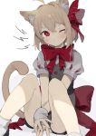  1girl ahoge animal_ear_fluff animal_ears blonde_hair blush bow bowtie cat_ears cat_tail commentary hair_bow highres kemonomimi_mode legs_apart mary_janes medium_hair one_eye_closed puffy_sleeves red_bow red_eyes red_neckwear rumia sh_(562835932) shoes simple_background sitting solo tail the_embodiment_of_scarlet_devil touhou white_background white_legwear wrist_cuffs 